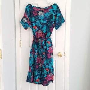 Linen Tropical Hawaiian Midi Dress Md